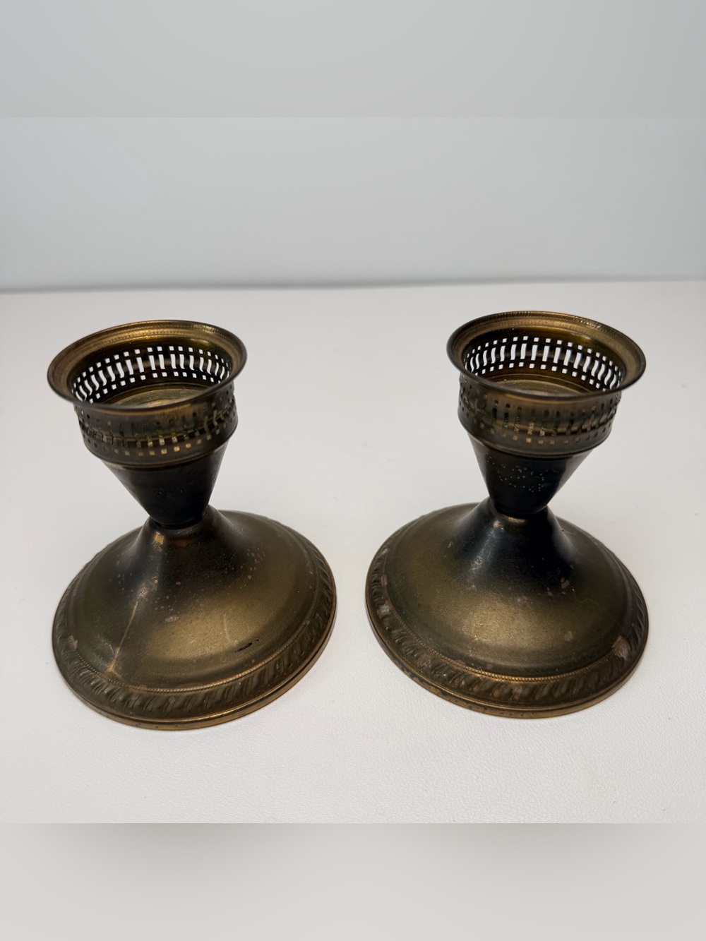 Vintage Pierced Top design Weighted Brass Candlestick Holders 2pcs set colonial